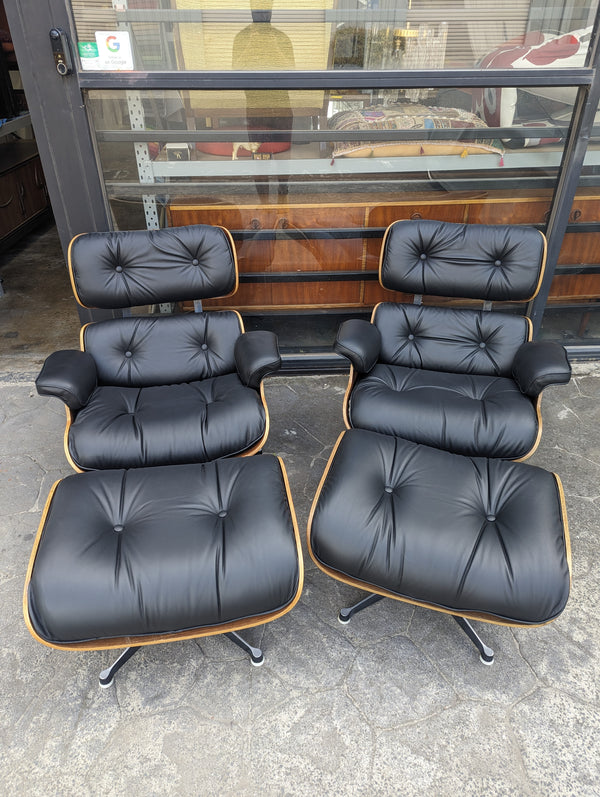 Restoration of pair of original Charles Eames chairs with ottomans