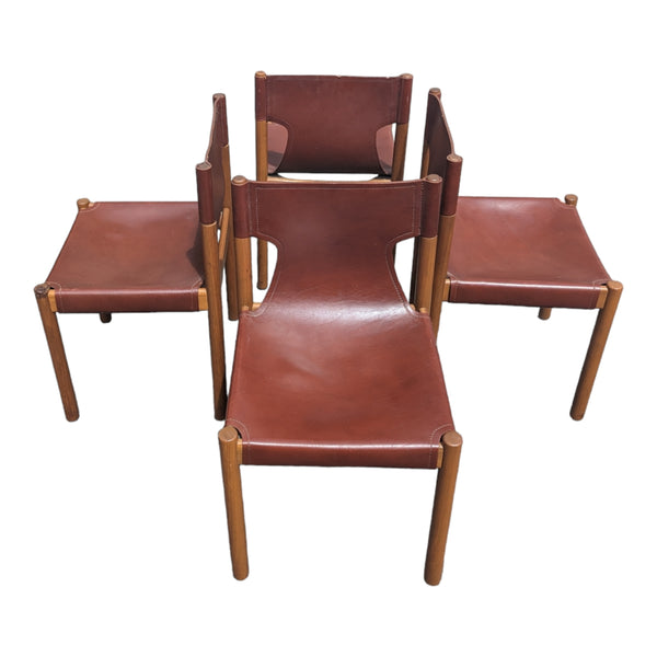 Authentic Flervilla 4 dining chairs fully burgundy brown leather