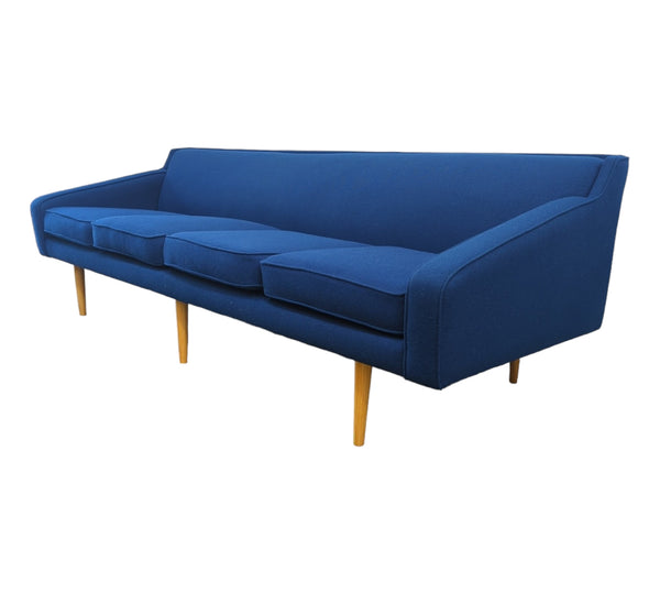 Mid century low profile 4 seater couch royal blue wool blend