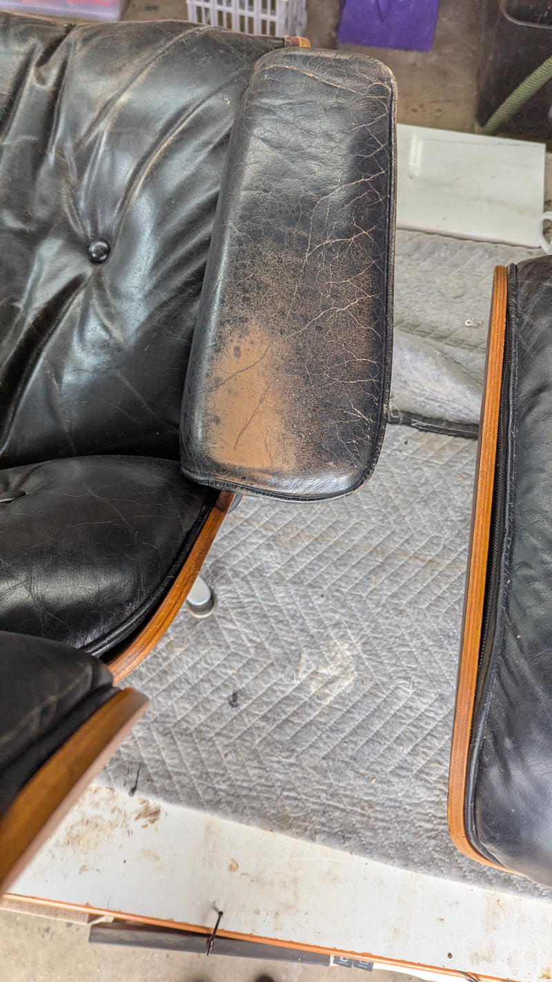 Restoration of original Charles Eames pair of armchairs and ottoman original Herman Miller 1970s