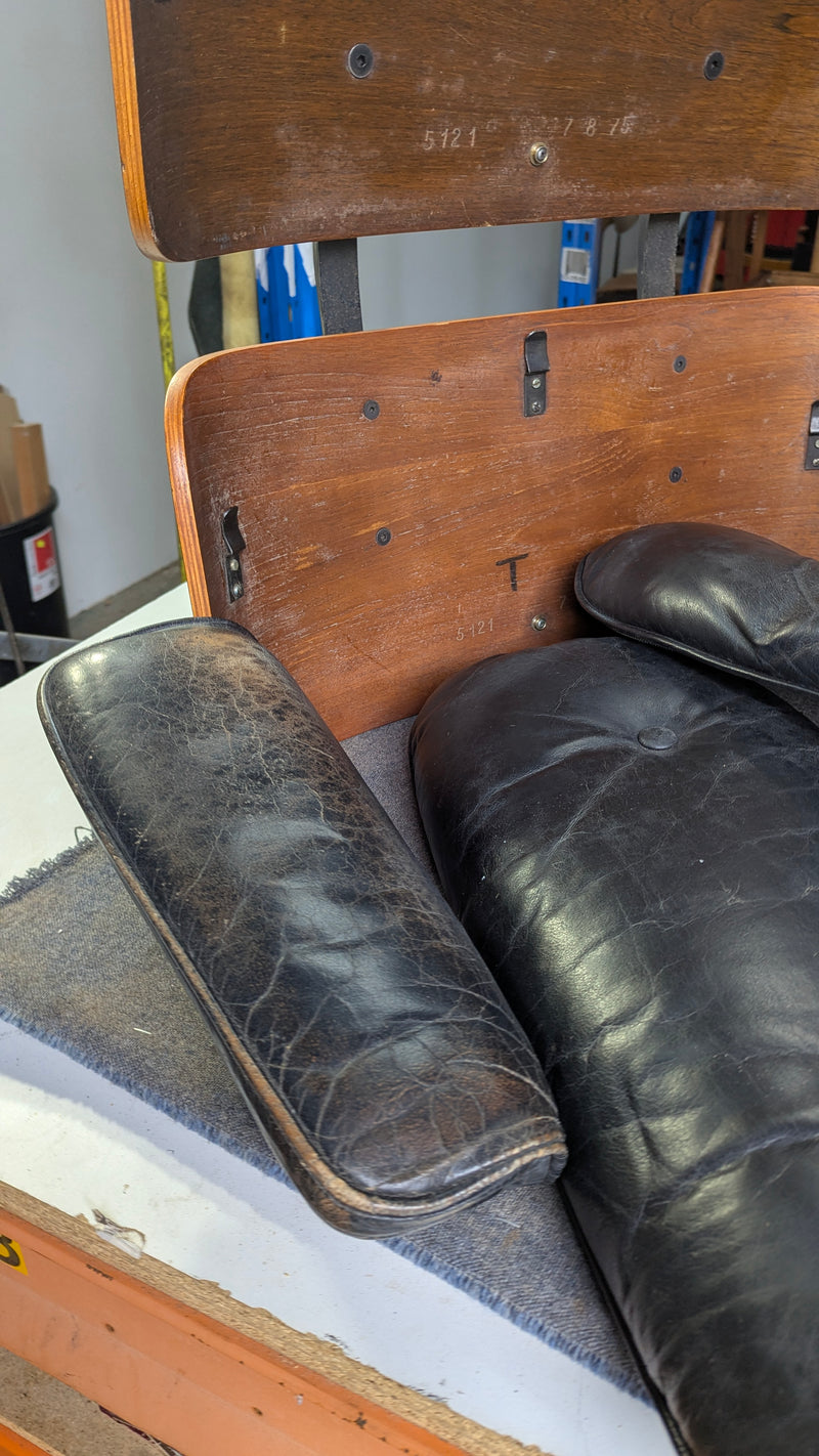 Restoration of original Charles Eames pair of armchairs and ottoman original Herman Miller 1970s