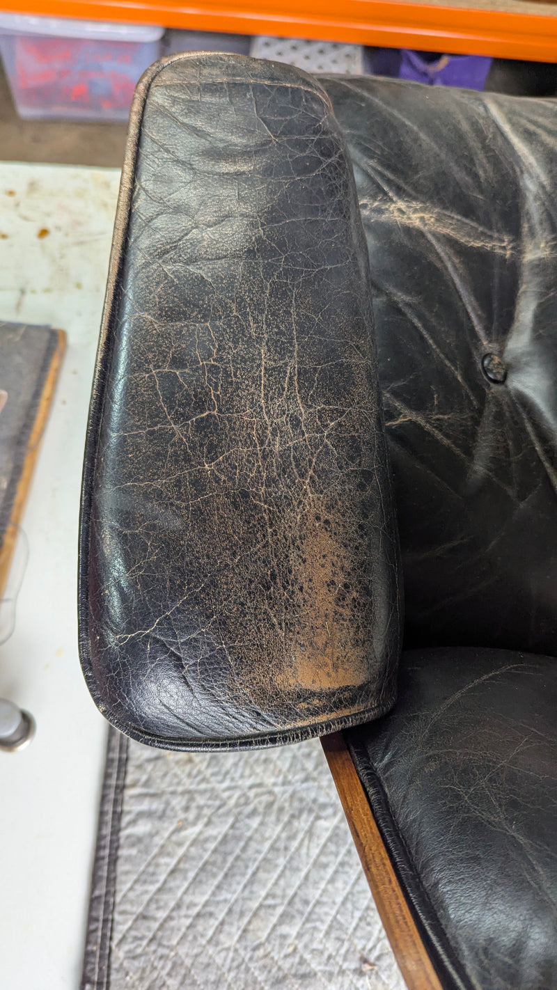 Restoration of original Charles Eames pair of armchairs and ottoman original Herman Miller 1970s