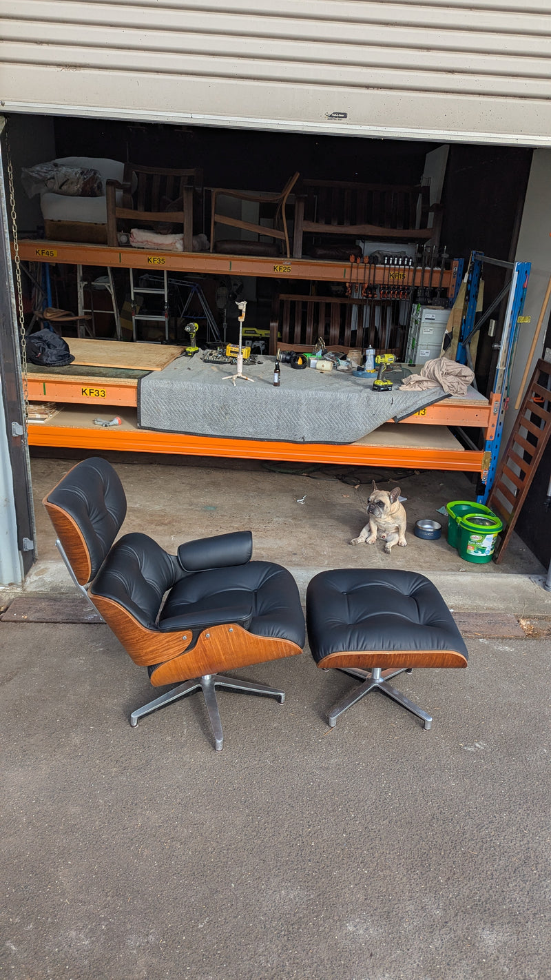 Restoration of single Eames chair with ottoman replica made in Philippines 1974 vintage