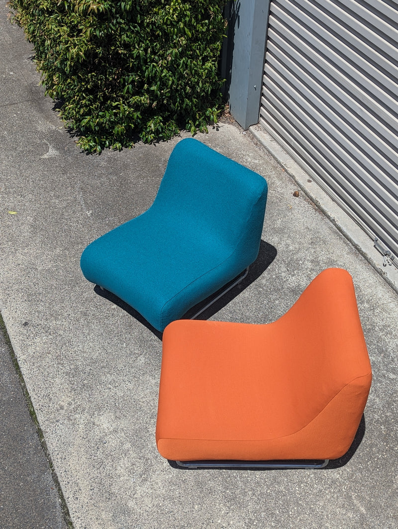 Vanderoza low sleigh foam armchair mid century Kvadrat fabric blue green