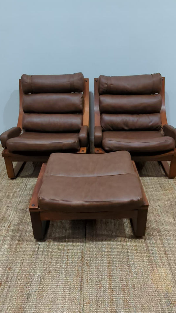 Tessa T4 Sling pair of armchairs authentic brown full aniline Italian soft leather with ottoman