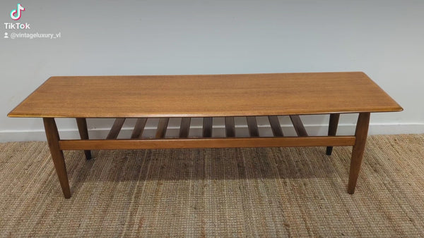 Coffee table teak magazine rack MCM 1960s restored golden brown