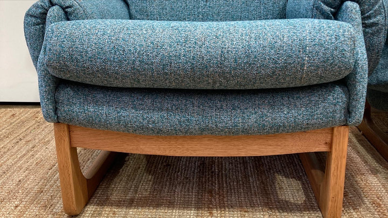 Pair Gerald Easden MCM teak restored armchairs rare genuine sleigh blue
