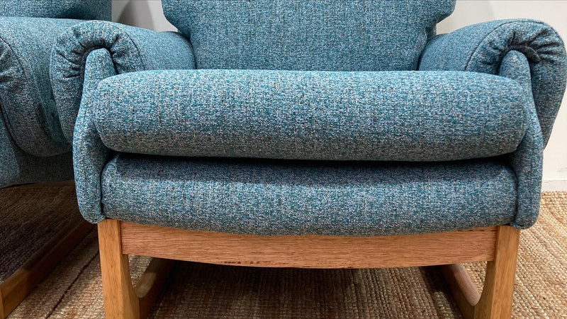 Pair Gerald Easden MCM teak restored armchairs rare genuine sleigh blue