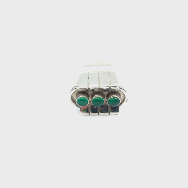 Sterling Silver 925 ring 3 round cabochons green agate art deco style handmade