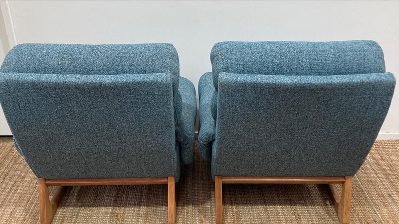 Pair Gerald Easden MCM teak restored armchairs rare genuine sleigh blue