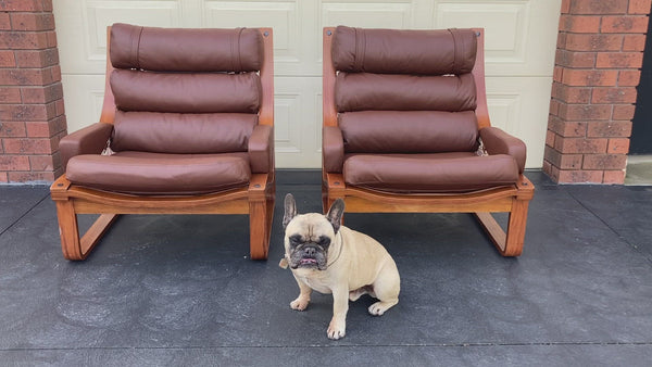 Tessa T4 sling pair of armchairs designed by Fred Lowen fully restored new Italian tan leather