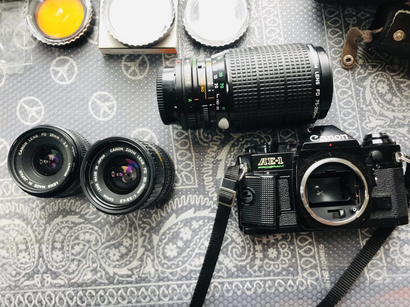 Canon AE-1 Program 35mm SLR Film Camera Japan plus 3 additional lens