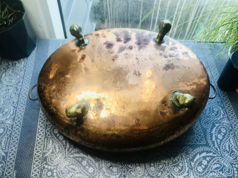 Large copper brass pot lion mask handles paw feet hand made in England antique