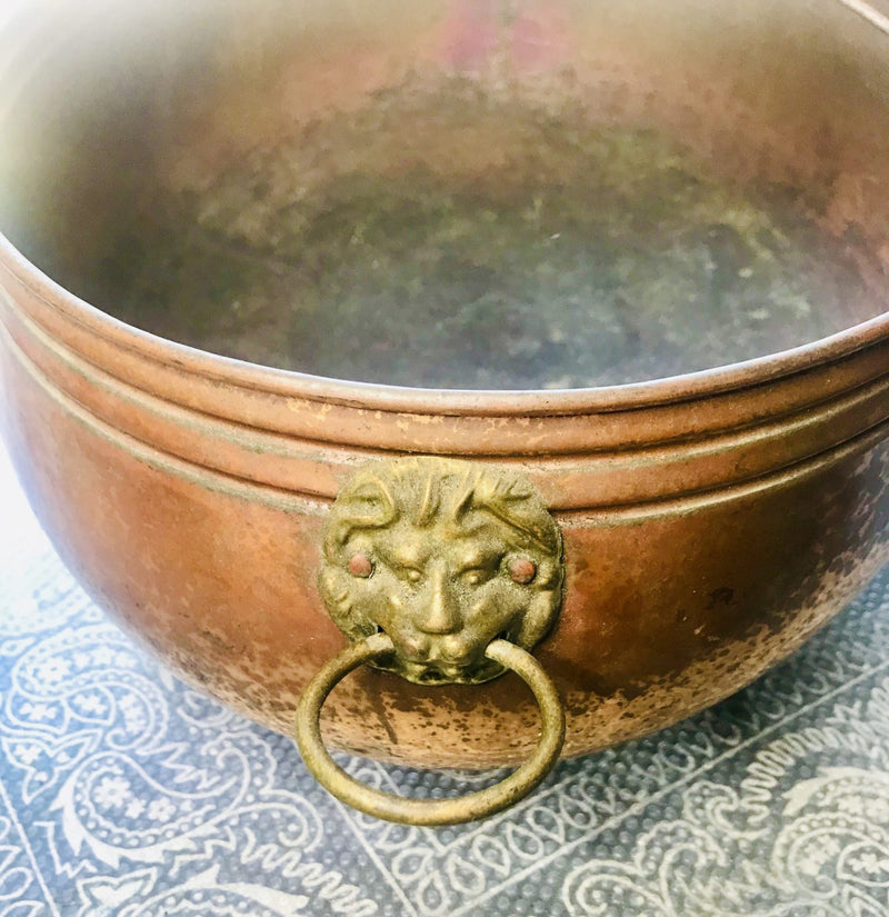 Large copper brass pot lion mask handles paw feet hand made in England antique