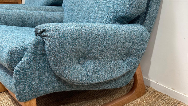 Pair Gerald Easden MCM teak restored armchairs rare genuine sleigh blue
