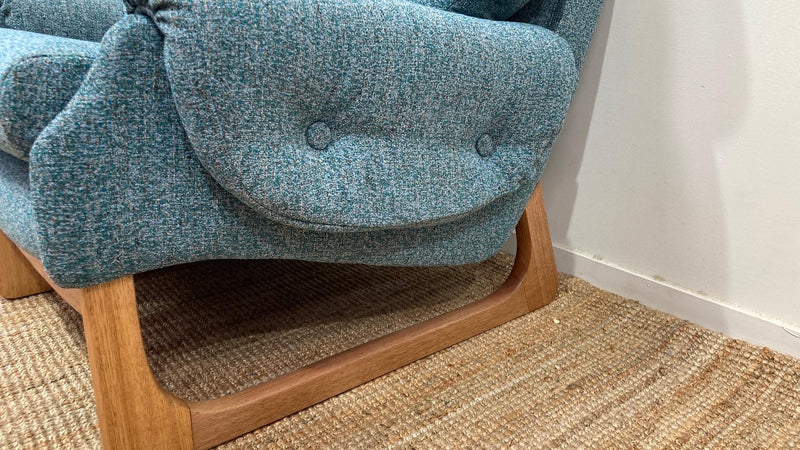 Pair Gerald Easden MCM teak restored armchairs rare genuine sleigh blue