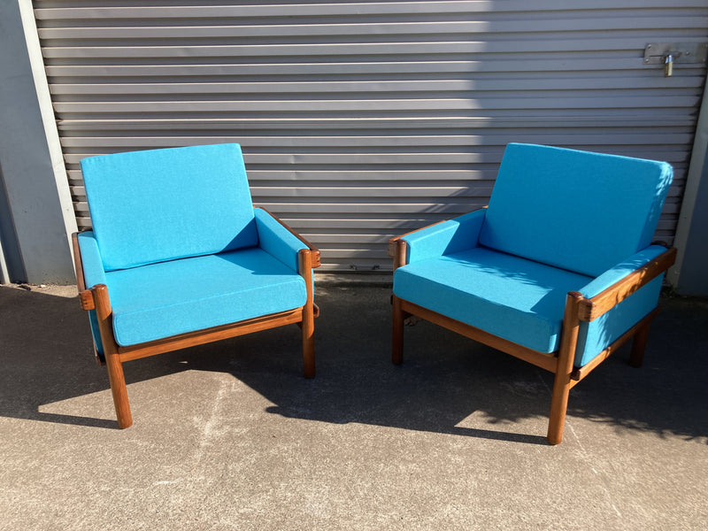 Danish Deluxe armchairs pair Rifka restored blue wool fabric Warwick