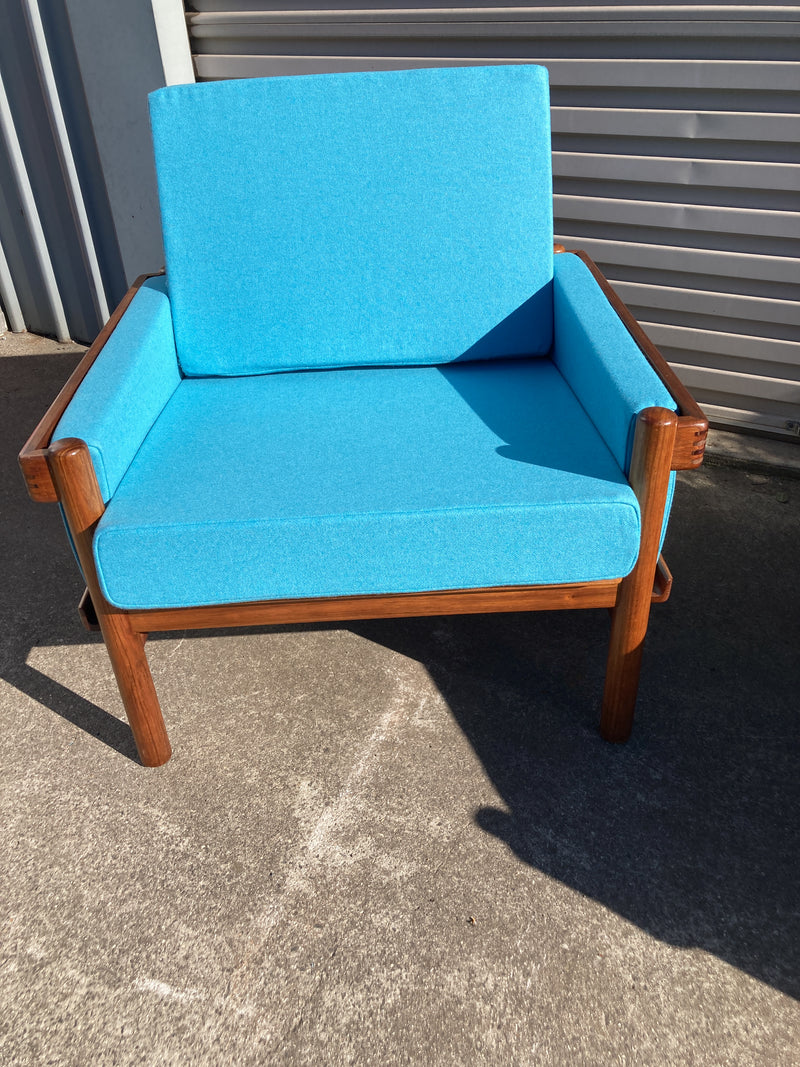 Danish Deluxe armchairs pair Rifka restored blue wool fabric Warwick