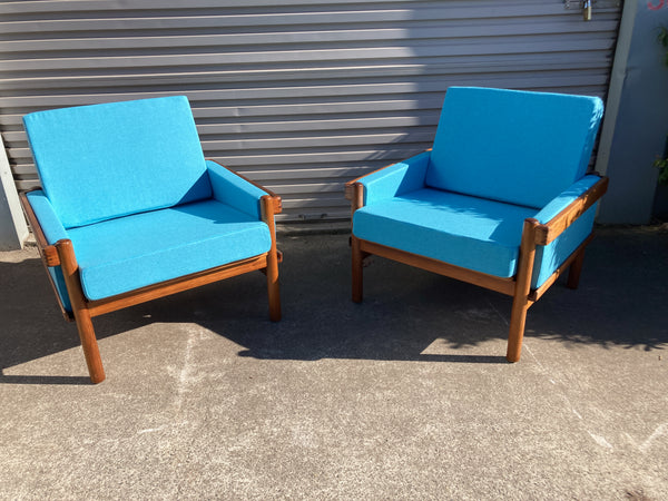 Pre order - Danish Deluxe armchairs pair Rifka restored blue wool fabric Warwick