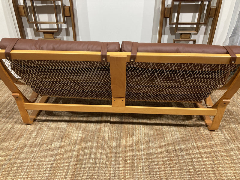 Tessa T4 sling 2 seater couch Fred Lowen fully restored new Italian tan leather teak