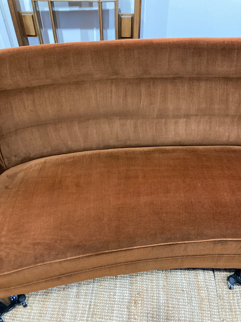 Authentic Rudowski barrel back couch velour brown curved 1960s bespoke rare