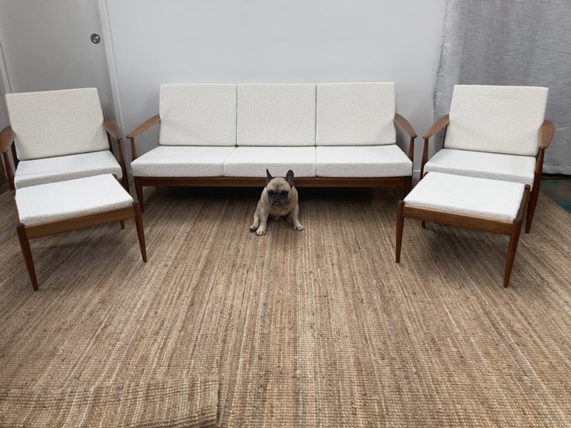 Parker wraparound rattan full set 3 seater couch pair of armchairs pair of ottomans genuine 1960s restored MCM boucle ivory