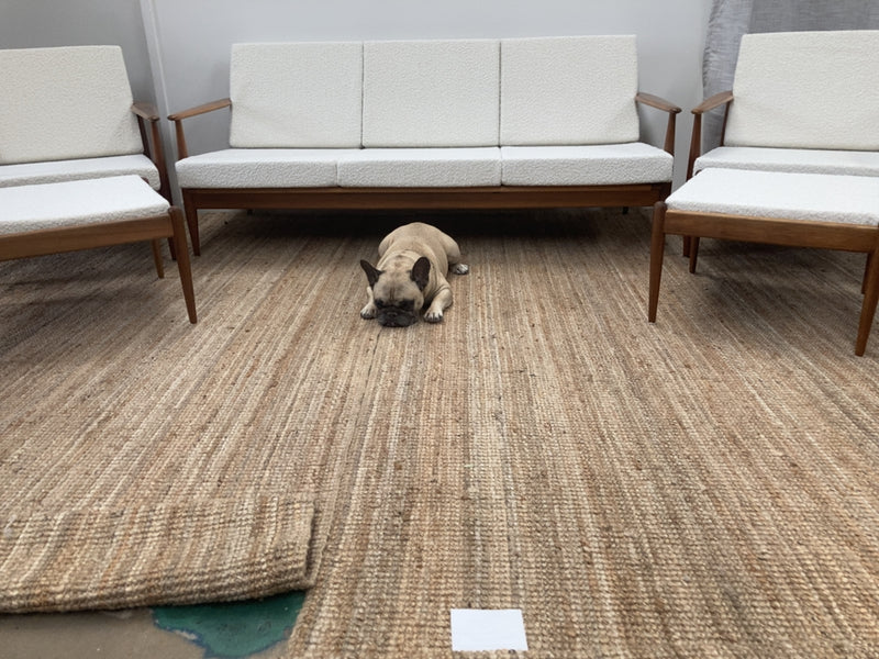 Parker wraparound rattan full set 3 seater couch pair of armchairs pair of ottomans genuine 1960s restored MCM boucle ivory