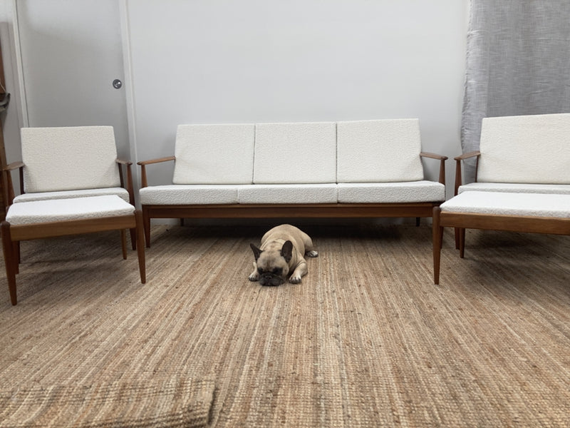 Parker wraparound rattan full set 3 seater couch pair of armchairs pair of ottomans genuine 1960s restored MCM boucle ivory