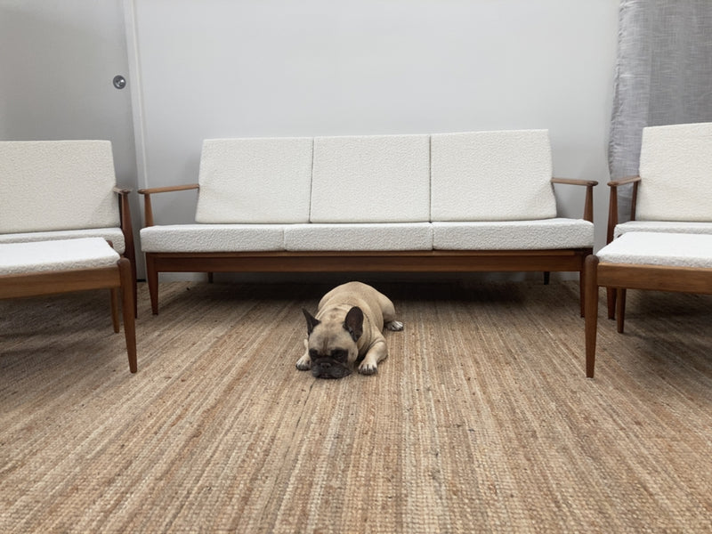 Parker wraparound rattan full set 3 seater couch pair of armchairs pair of ottomans genuine 1960s restored MCM boucle ivory