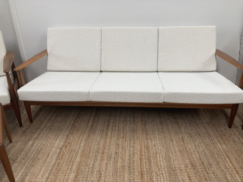 Parker wraparound rattan full set 3 seater couch pair of armchairs pair of ottomans genuine 1960s restored MCM boucle ivory