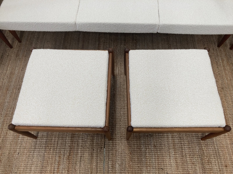 Parker wraparound rattan full set 3 seater couch pair of armchairs pair of ottomans genuine 1960s restored MCM boucle ivory