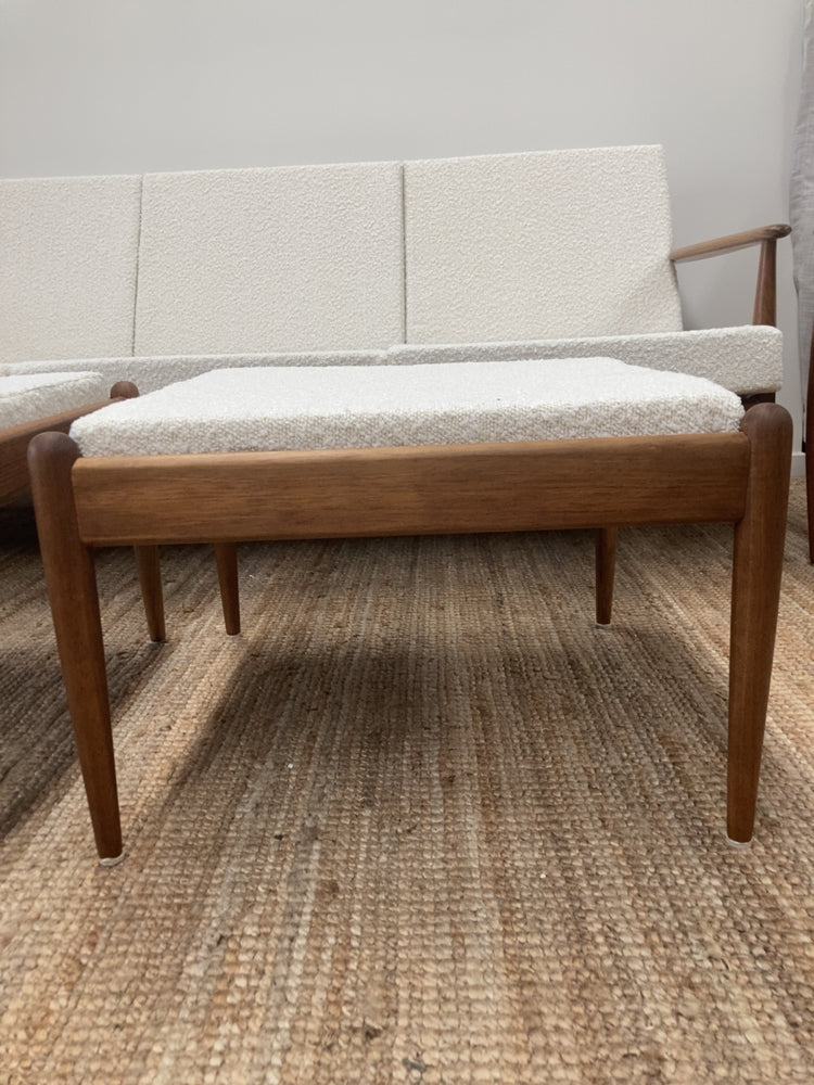 Parker wraparound rattan full set 3 seater couch pair of armchairs pair of ottomans genuine 1960s restored MCM boucle ivory