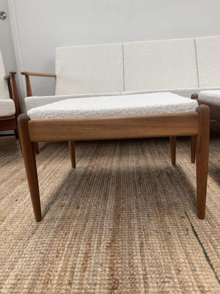 Parker wraparound rattan full set 3 seater couch pair of armchairs pair of ottomans genuine 1960s restored MCM boucle ivory
