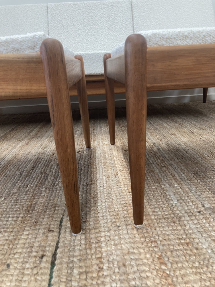 Parker wraparound rattan full set 3 seater couch pair of armchairs pair of ottomans genuine 1960s restored MCM boucle ivory