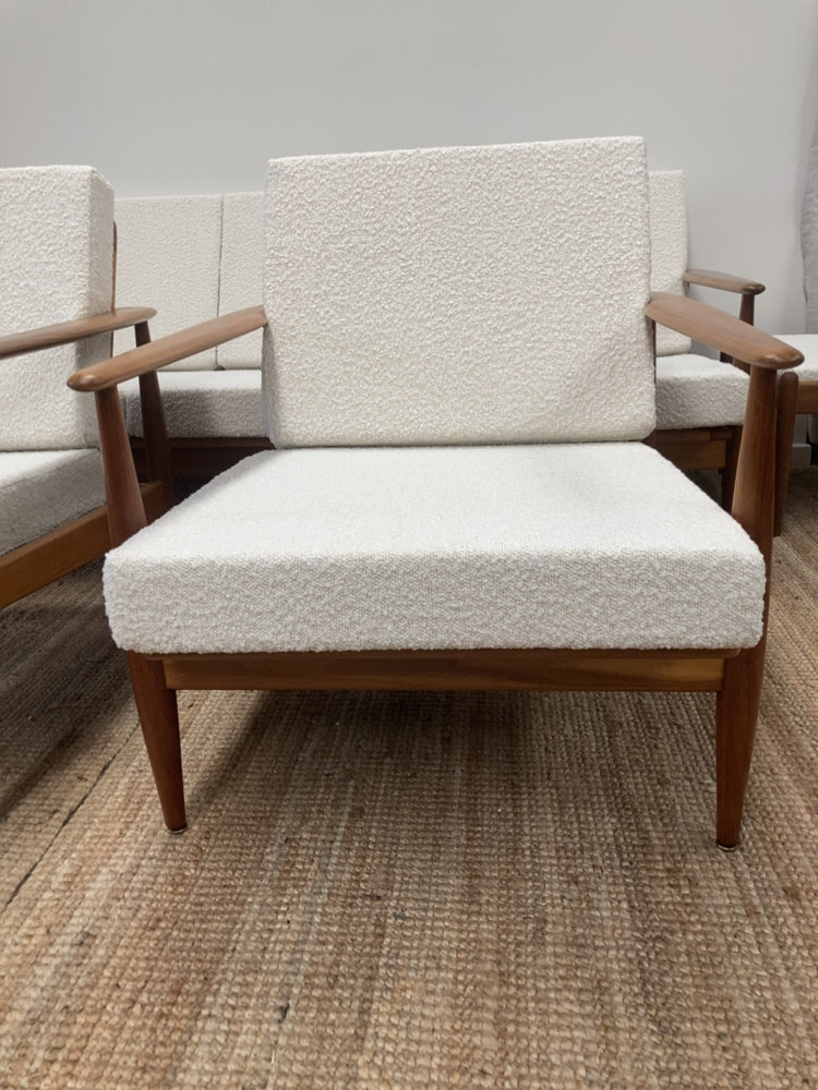 Parker wraparound rattan full set 3 seater couch pair of armchairs pair of ottomans genuine 1960s restored MCM boucle ivory