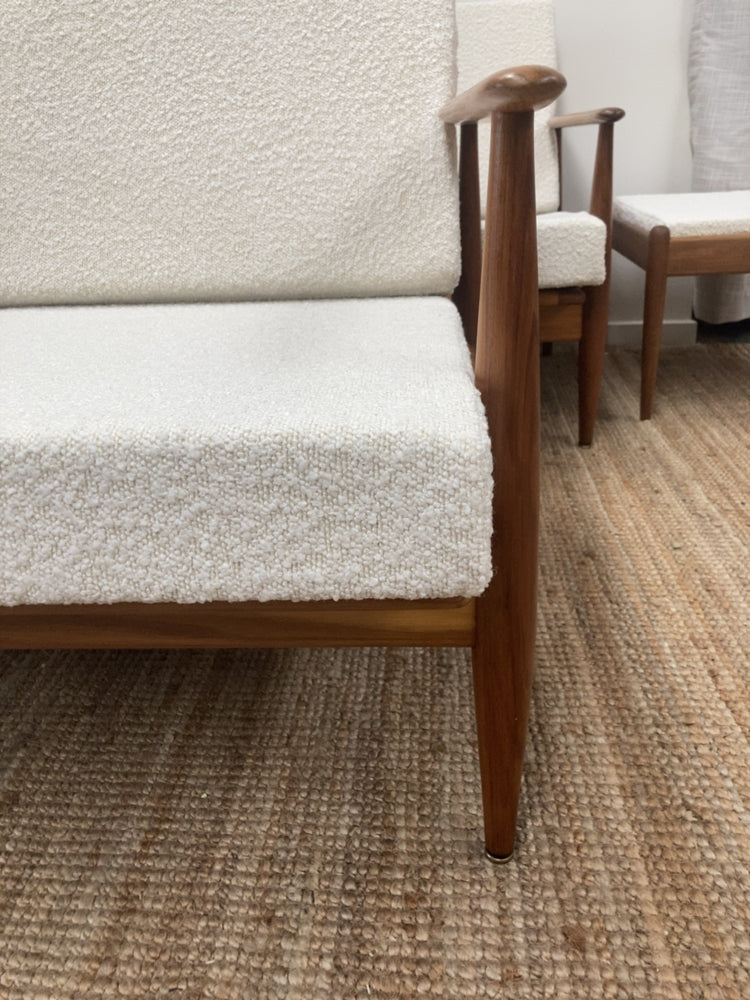 Parker wraparound rattan full set 3 seater couch pair of armchairs pair of ottomans genuine 1960s restored MCM boucle ivory