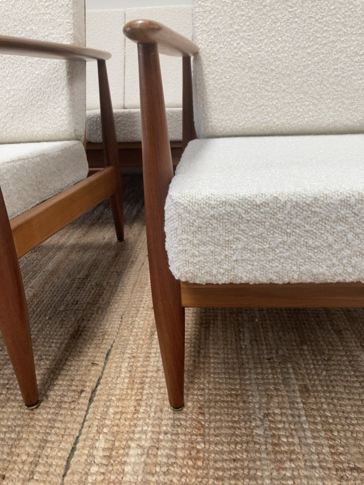 Parker wraparound rattan full set 3 seater couch pair of armchairs pair of ottomans genuine 1960s restored MCM boucle ivory