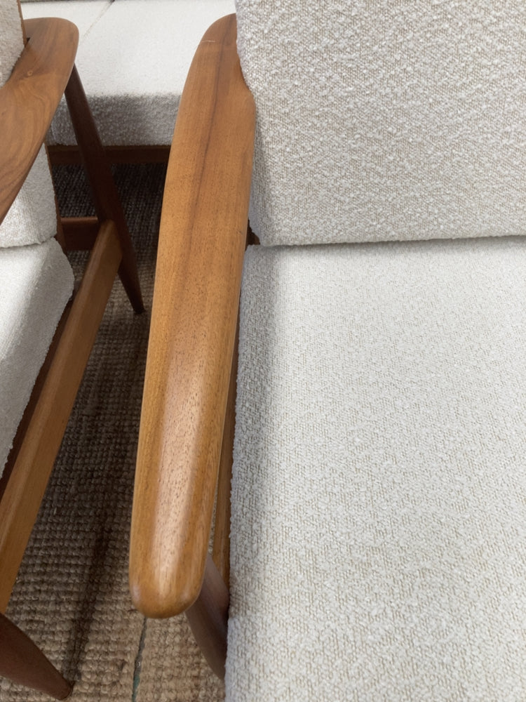 Parker wraparound rattan full set 3 seater couch pair of armchairs pair of ottomans genuine 1960s restored MCM boucle ivory