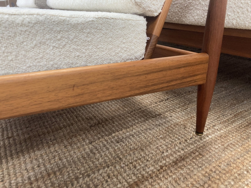 Parker wraparound rattan full set 3 seater couch pair of armchairs pair of ottomans genuine 1960s restored MCM boucle ivory