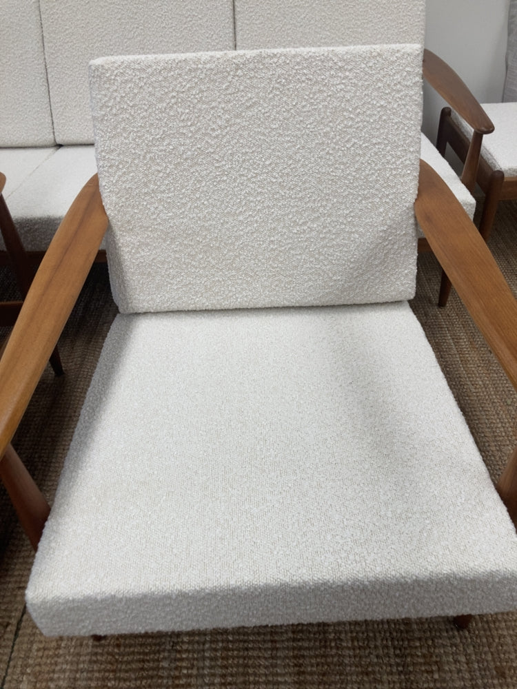 Parker wraparound rattan full set 3 seater couch pair of armchairs pair of ottomans genuine 1960s restored MCM boucle ivory