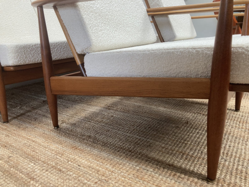 Parker wraparound rattan full set 3 seater couch pair of armchairs pair of ottomans genuine 1960s restored MCM boucle ivory
