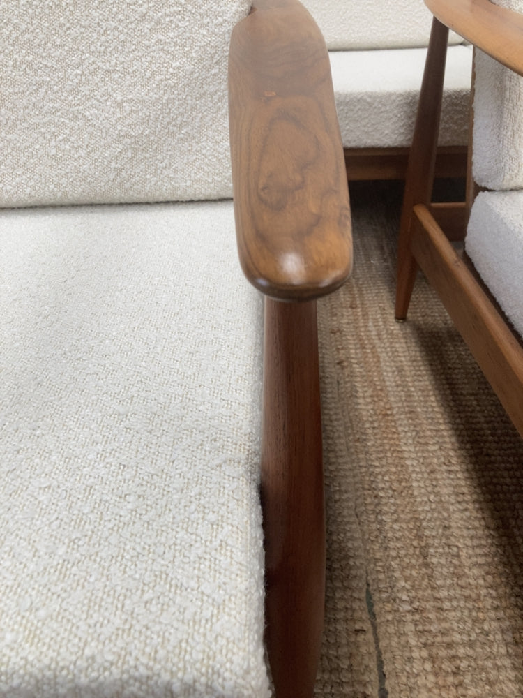 Parker wraparound rattan full set 3 seater couch pair of armchairs pair of ottomans genuine 1960s restored MCM boucle ivory