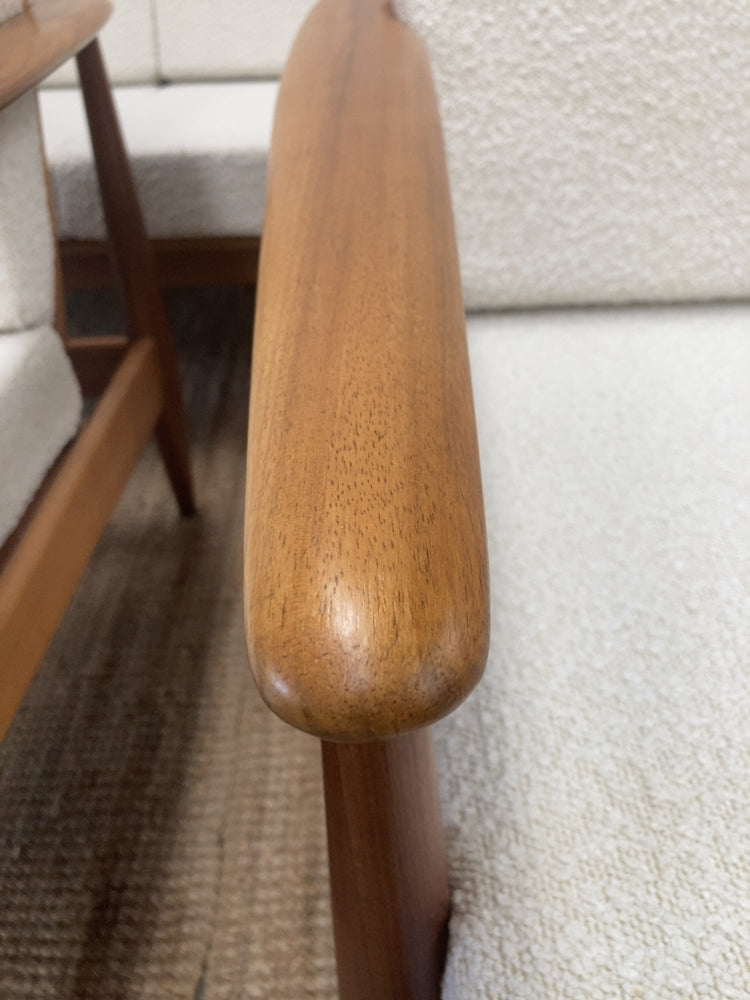 Parker wraparound rattan full set 3 seater couch pair of armchairs pair of ottomans genuine 1960s restored MCM boucle ivory