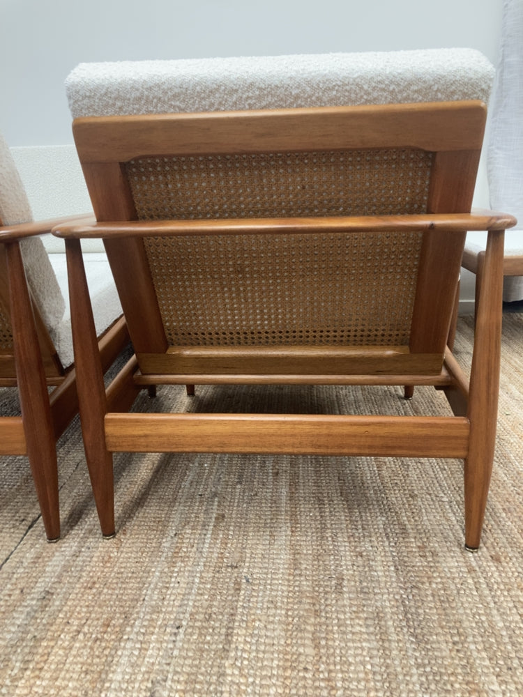 Parker wraparound rattan full set 3 seater couch pair of armchairs pair of ottomans genuine 1960s restored MCM boucle ivory