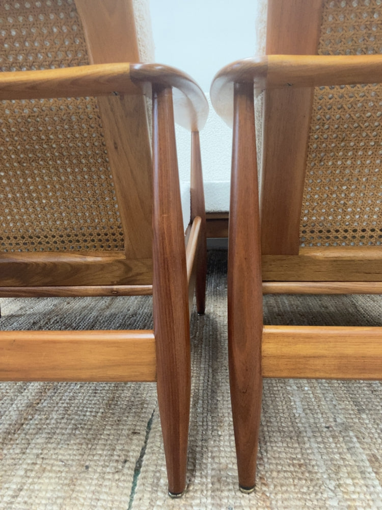 Parker wraparound rattan full set 3 seater couch pair of armchairs pair of ottomans genuine 1960s restored MCM boucle ivory