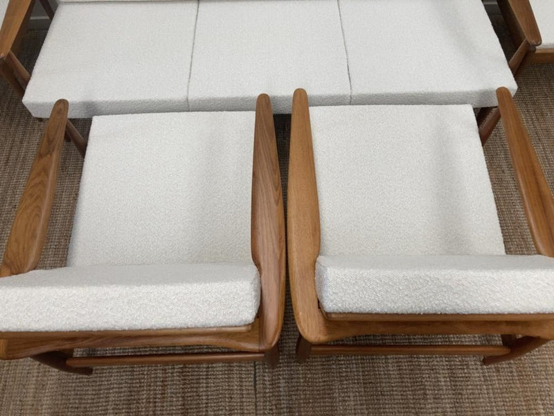 Parker wraparound rattan full set 3 seater couch pair of armchairs pair of ottomans genuine 1960s restored MCM boucle ivory