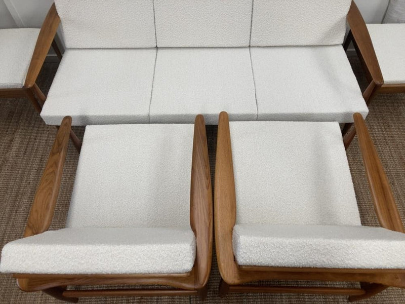 Parker wraparound rattan full set 3 seater couch pair of armchairs pair of ottomans genuine 1960s restored MCM boucle ivory