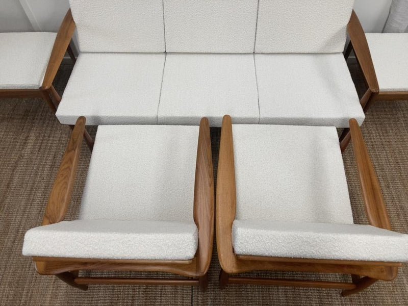 Parker wraparound rattan full set 3 seater couch pair of armchairs pair of ottomans genuine 1960s restored MCM boucle ivory
