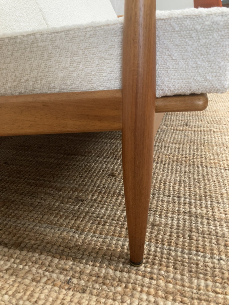 Parker wraparound rattan full set 3 seater couch pair of armchairs pair of ottomans genuine 1960s restored MCM boucle ivory