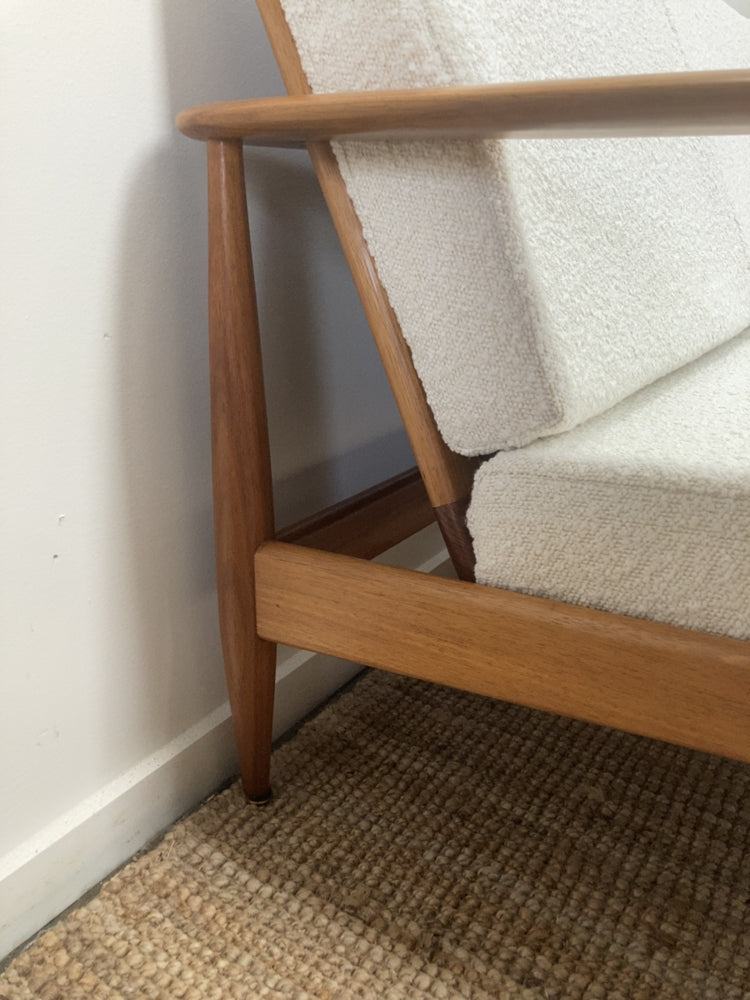 Parker wraparound rattan full set 3 seater couch pair of armchairs pair of ottomans genuine 1960s restored MCM boucle ivory